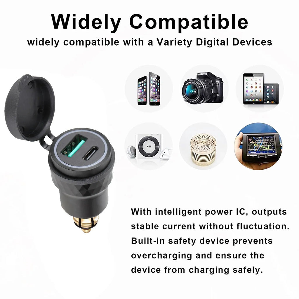 Black European DIN USB car charger with dual ports, blue light, 54W output, for 12-24V vehicles