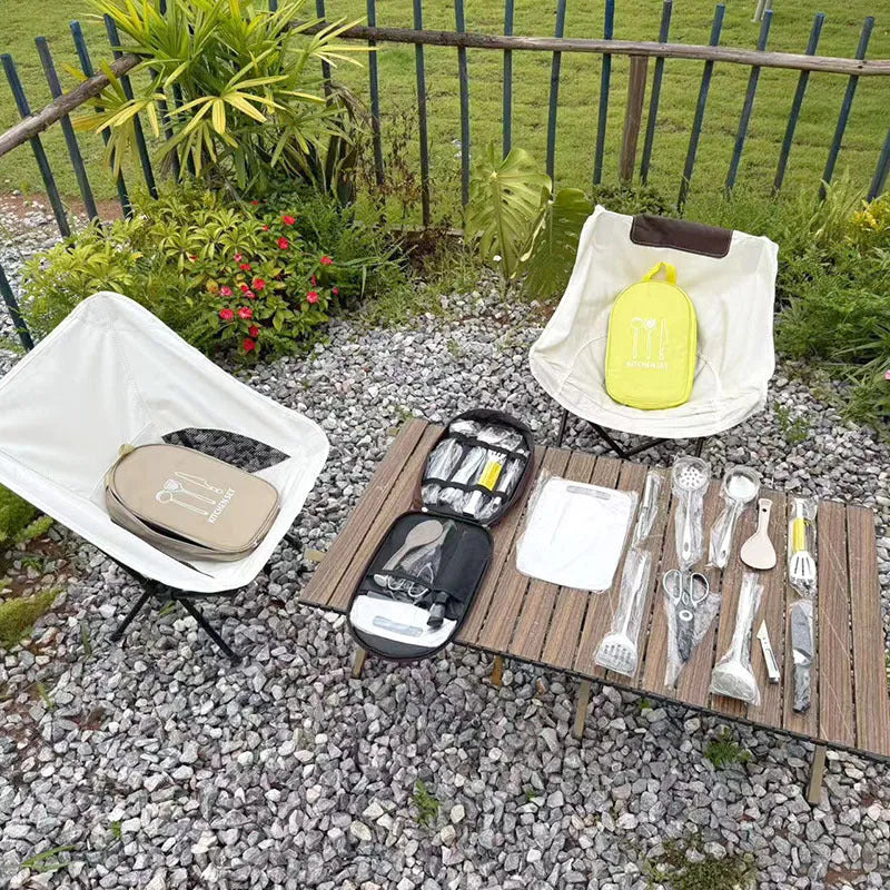 12-piece stainless steel picnic kitchenware set in a portable khaki storage bag