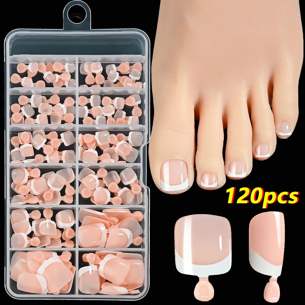 120 French white edge toenail pieces in nine nude shades, short square shape