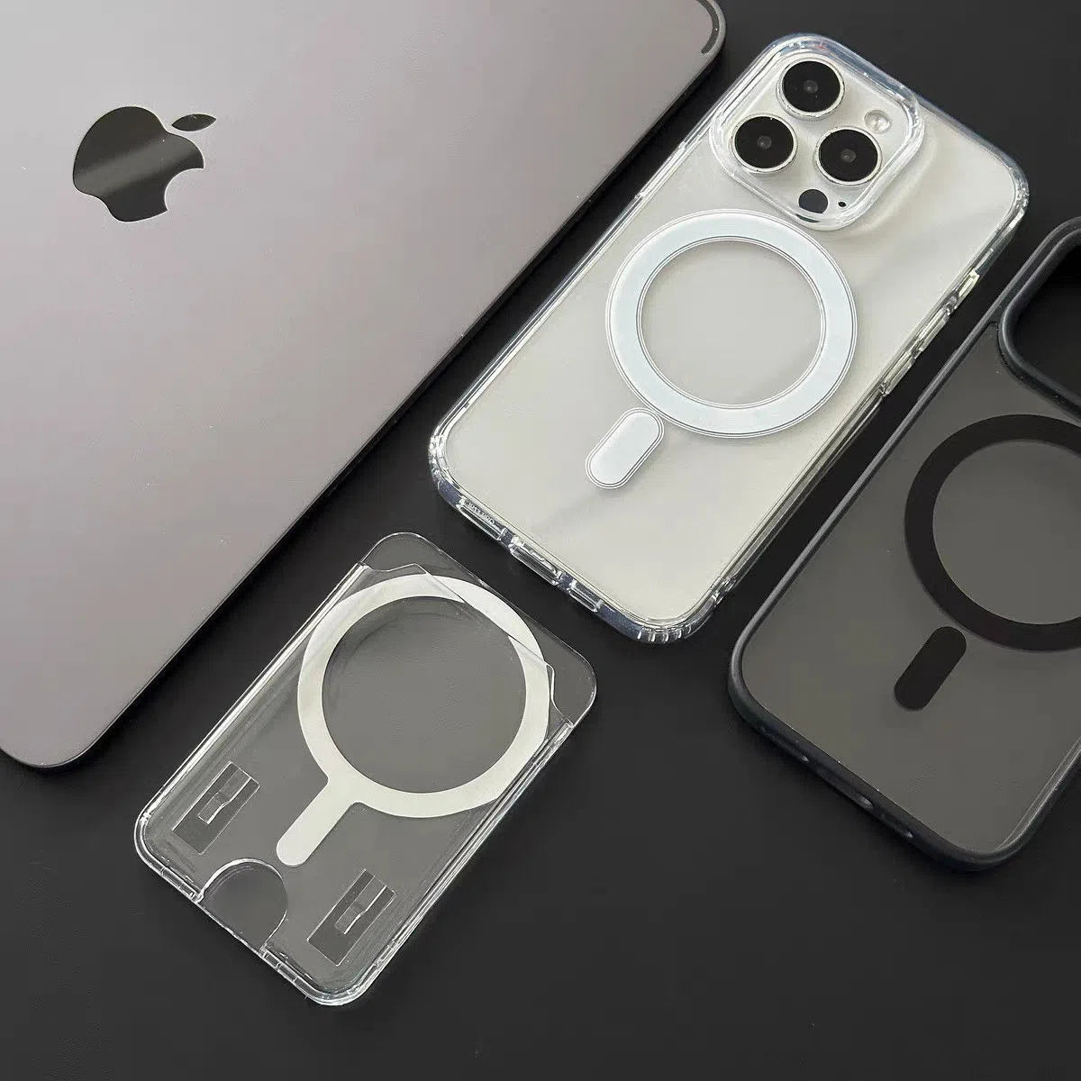 Transparent acrylic iPhone case with white wallet card holder and full-coverage anti-drop cover.