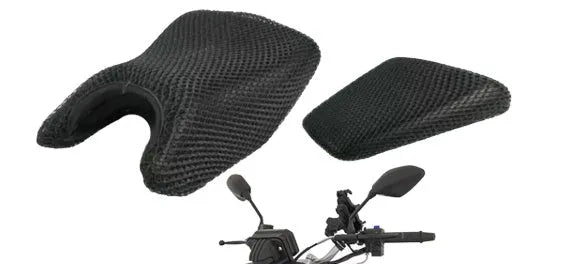 Black nylon mesh seat cover for Italika 280z motorcycle, showing breathable texture and custom fit
