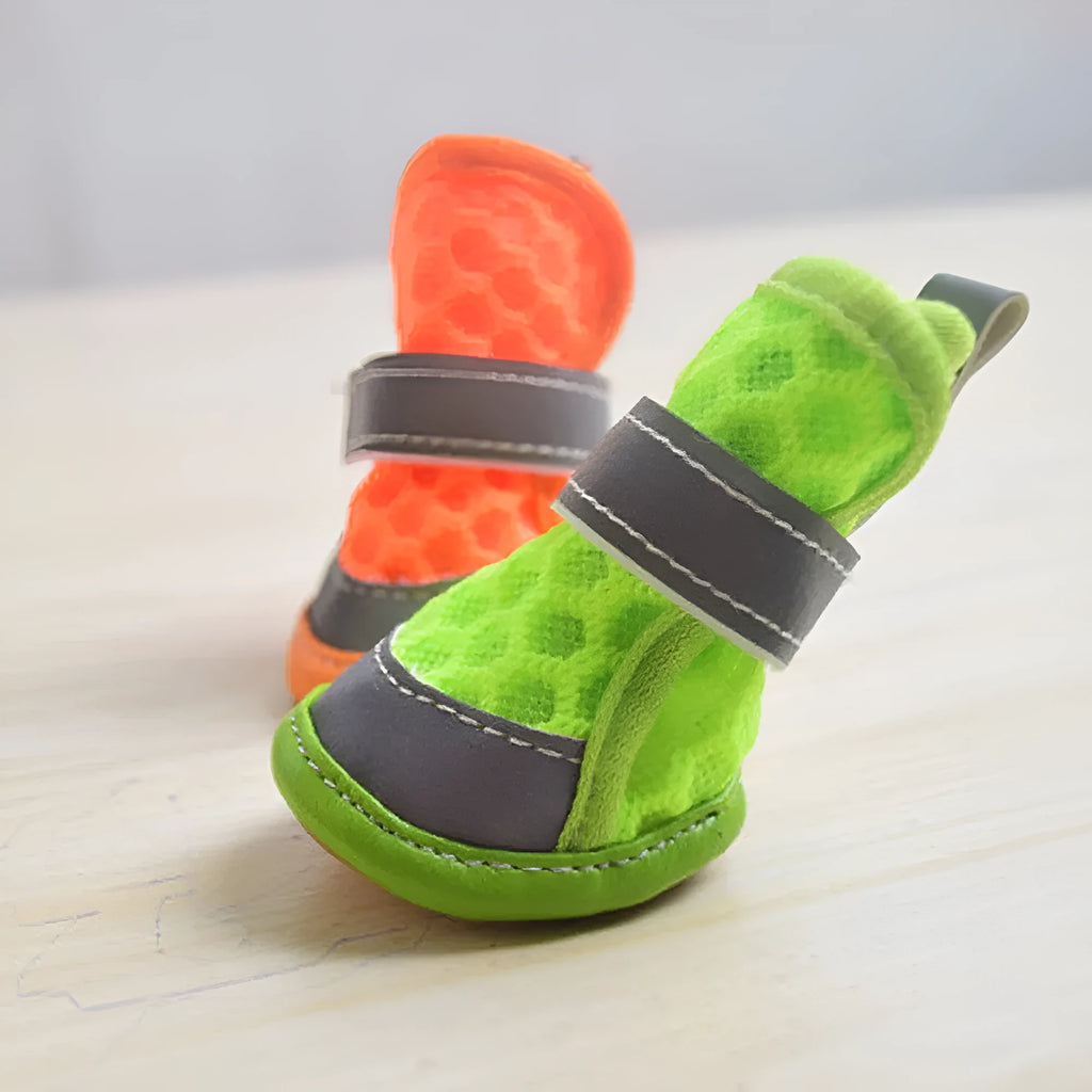 Set of four small dog rubber shoes in blue, red, orange, green for non-slip paw protection