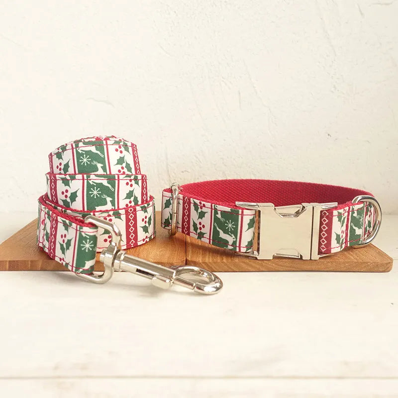 Thickened polyester dog collar Christmas deer design light gold with towing rope set