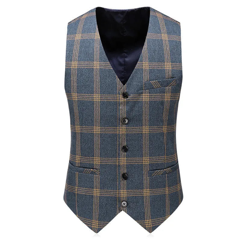 Men's yellow check three-piece business wedding suit set with vest, trousers, and coat