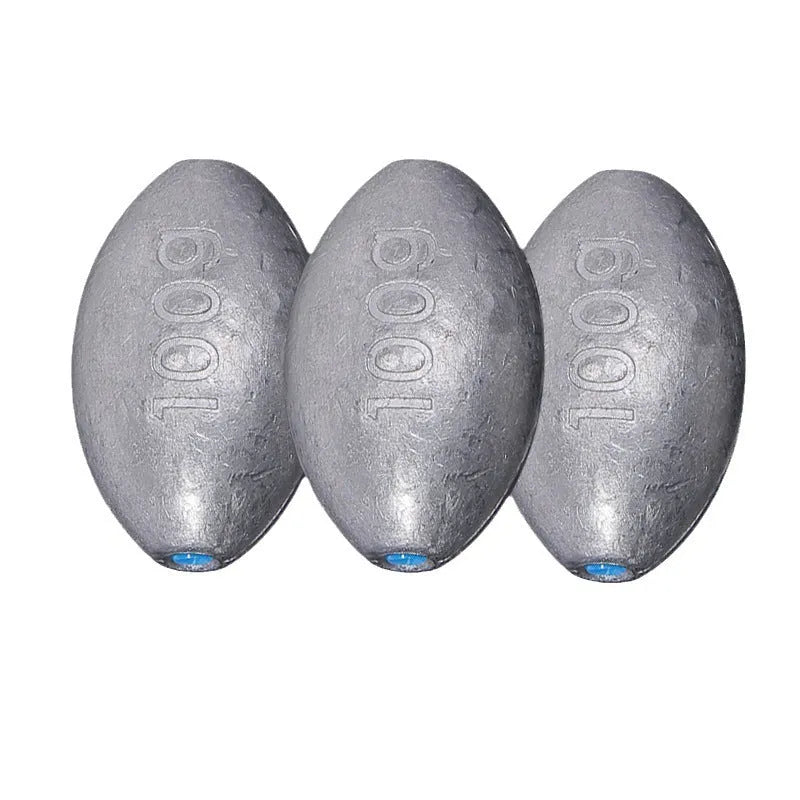 Tongxin scale olive lead fishing sinker with rugby shape and plastic core, shown in various weights.