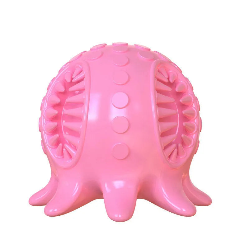 Small octopus dog toothbrush chew toy in blue with sound feature for teeth cleaning and bad breath removal