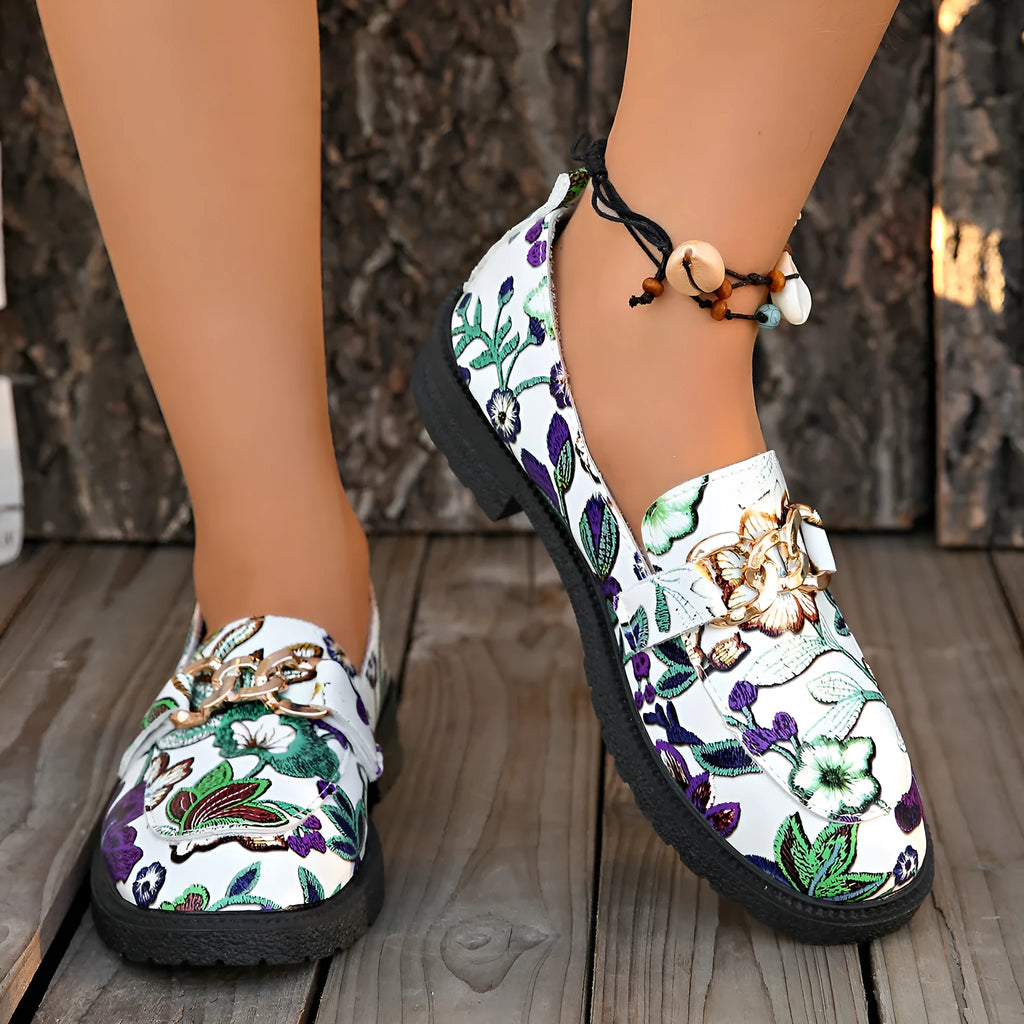 Plus size floral PU loafers with chunky mid heel, shallow mouth under 7cm, in Colour 01-3 or 01-5