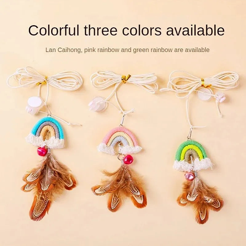 Feather cat rope door swing toy with elastic mechanism and sticky buckle clamp in blue green pink colours