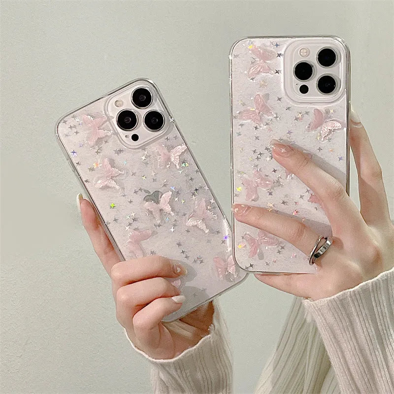 Bow iPhone 13 Pro Max TPU phone case with three-dimensional dream pink butterfly design transparent back cover