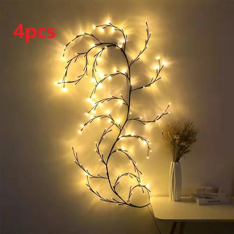 Flexible willow vine Christmas garland with birch bark texture and warm white LED lights extended along wall