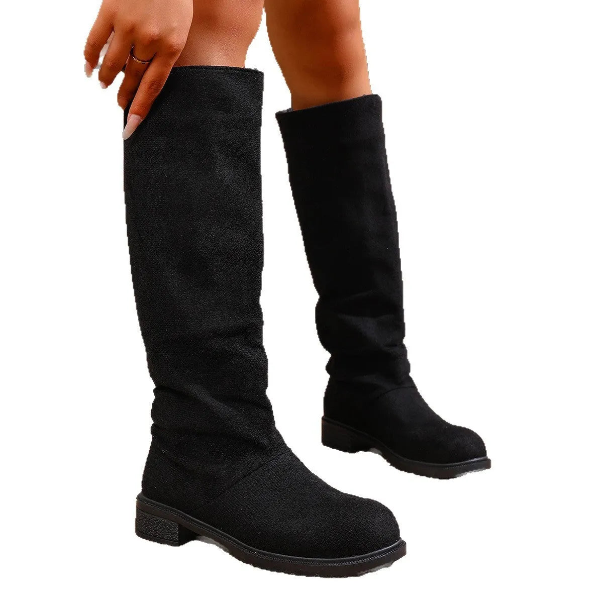 Cow suede chunky heel high leg boots below the knee in black solid colour with round toe and leather lining