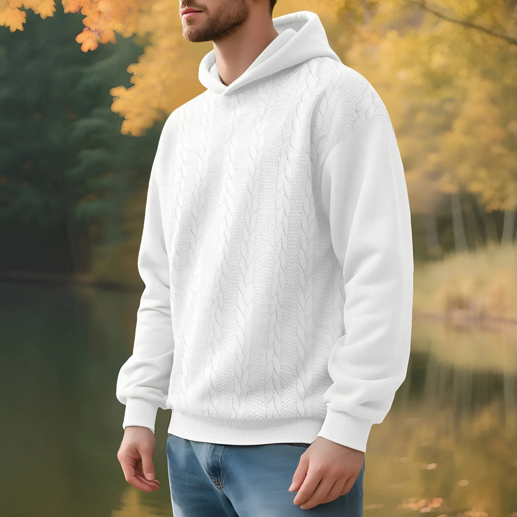 Men's casual thick jacquard hooded sweatshirt in dark gray, polyester winter loose fit top with long sleeves