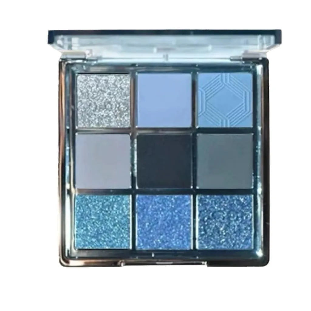 MUGELEEN nine-colour eye shadow palette showing matte and shimmer finishes in low saturation tones