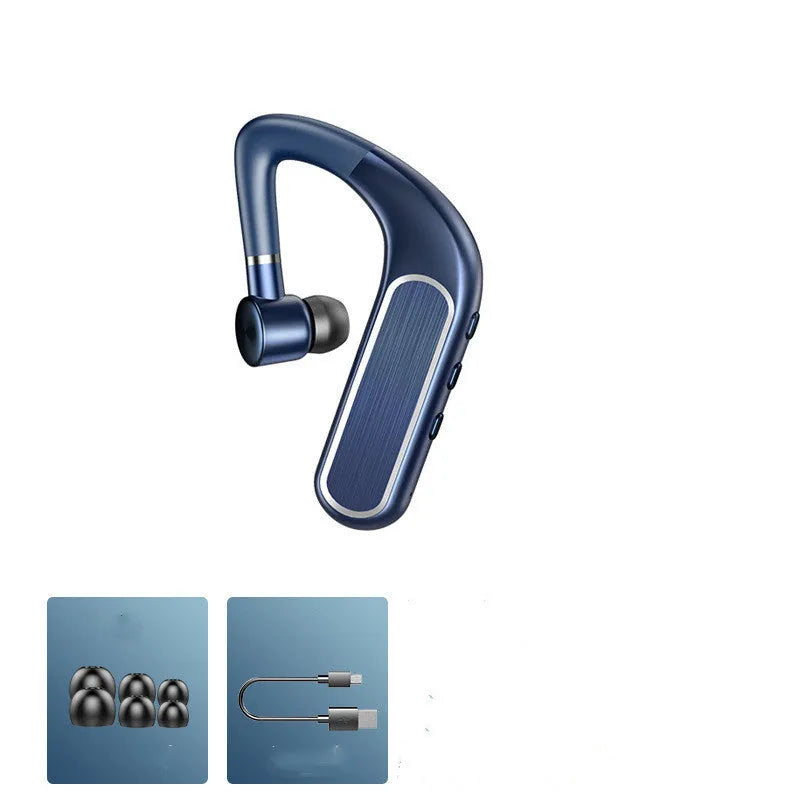 Black hanging-ear Bluetooth sports earphones shown with a charging cable and three pairs of silicone ear caps.