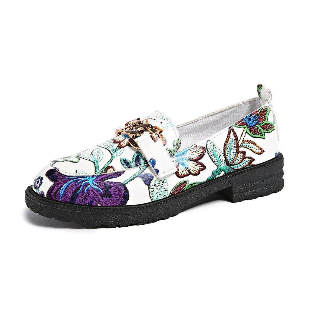 Plus size floral PU loafers with chunky mid heel, shallow mouth under 7cm, in Colour 01-3 or 01-5