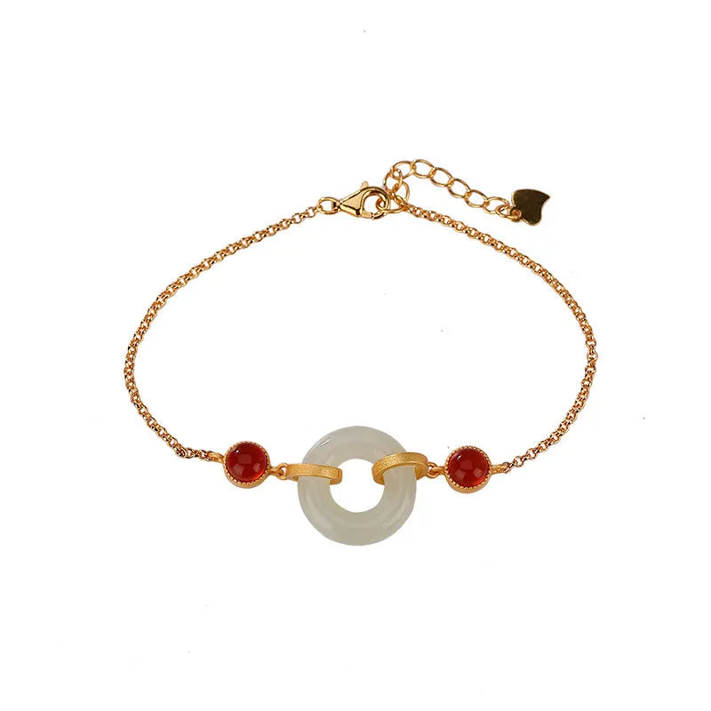 S925 sterling silver gold-plated bracelet with natural Hetian jade peace symbol buckle and adjustable clasp
