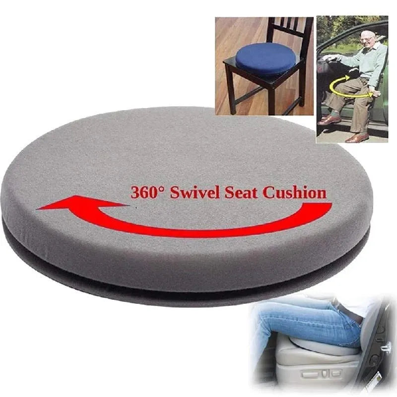 Car seat cushion with 360-degree rotating base on a short plush cloth cover.