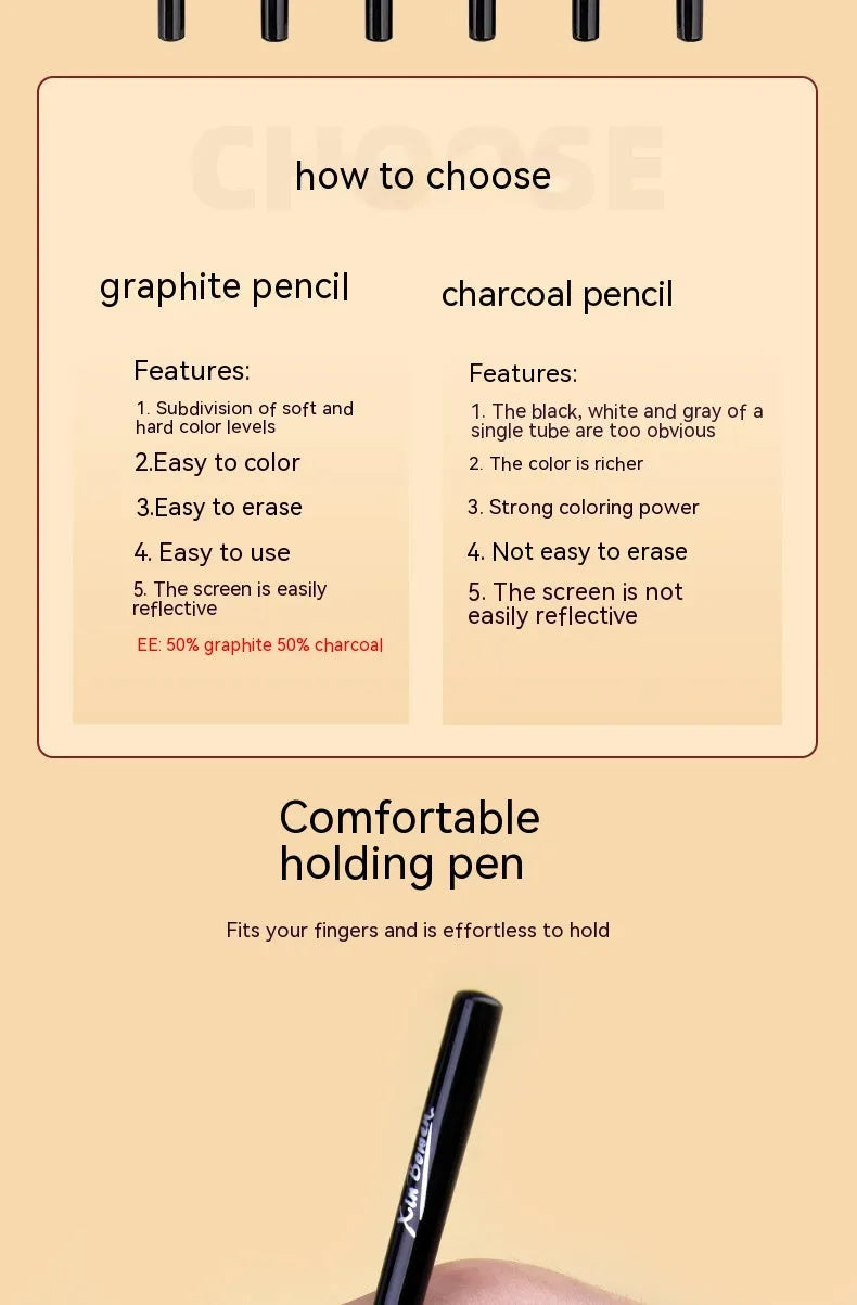 Set of six graphite sketching pencils with grades labelled HB, 2B, 4B, 6B, 8B, and EE.