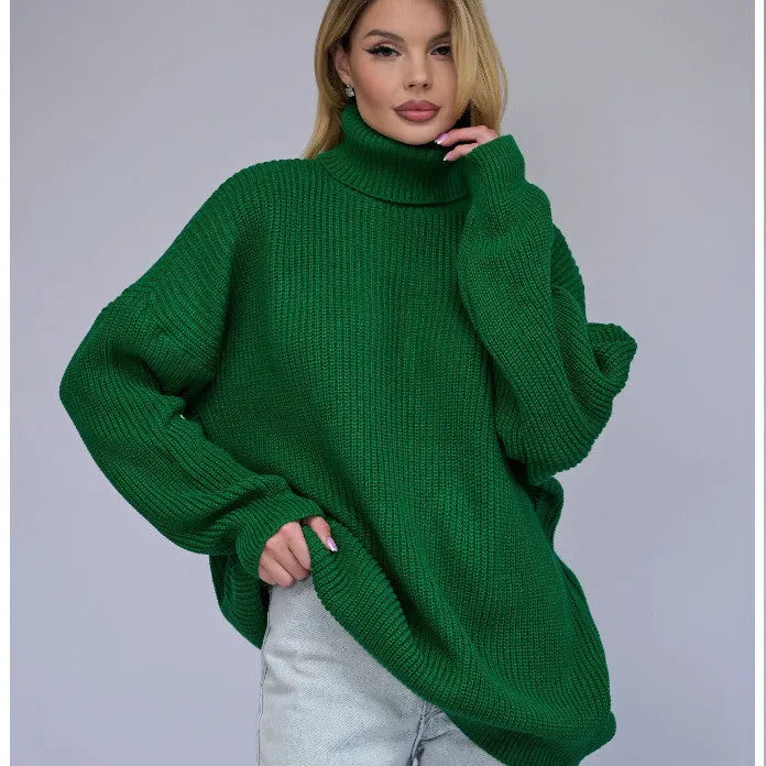 Women's solid colour high neck pullover sweater in imitation cashmere fabric on a hanger.