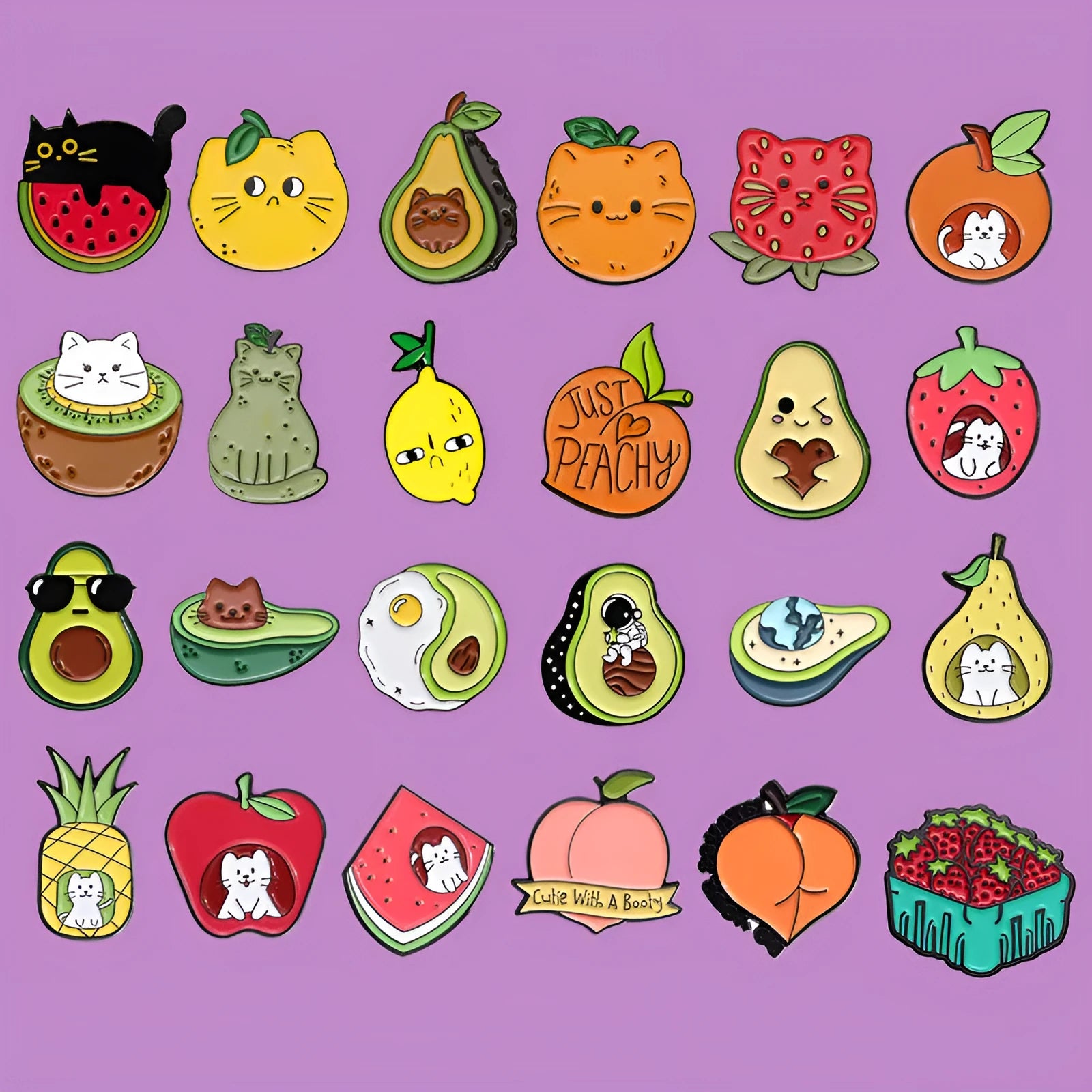 Colourful cartoon fruit design metal brooch with pin clasp on a denim jacket.