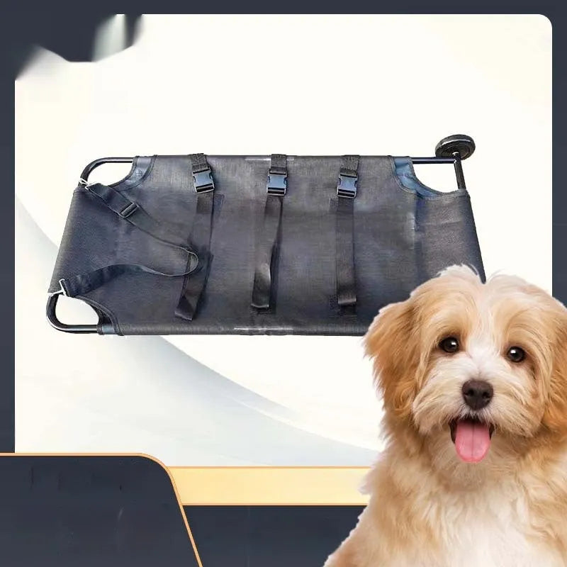 Large black folding aluminium alloy pet stretcher for dogs, shown in a folded and unfolded state.