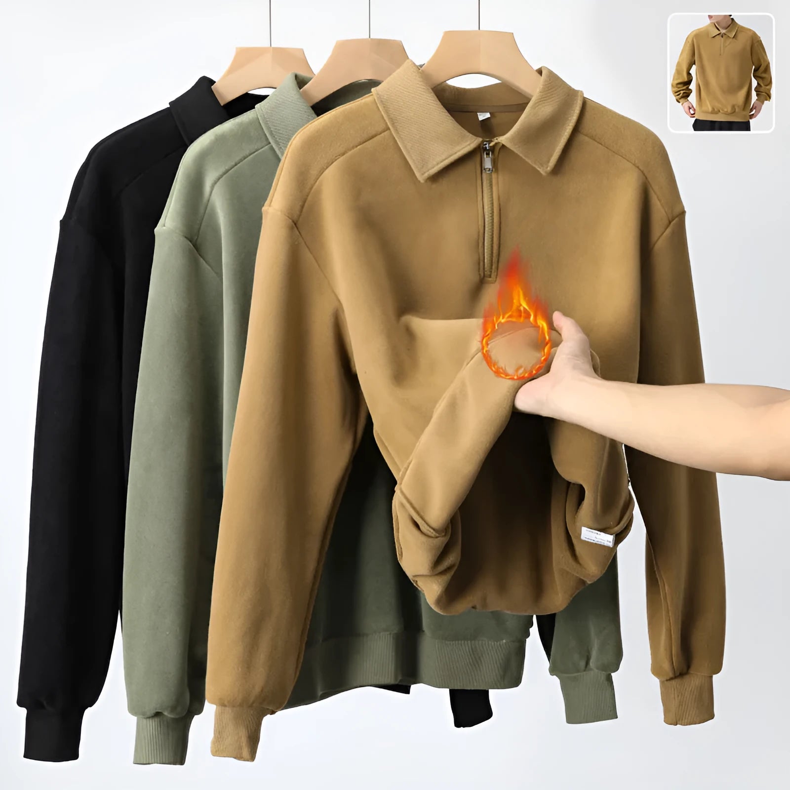 Men's fashion lapel half-zip fleece sweatshirt in black, long sleeves, hood, polyester cotton blend