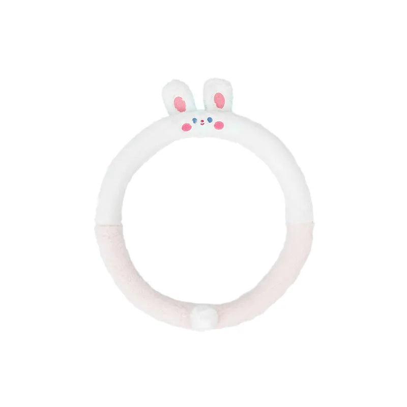Rabbit fur plush steering wheel cover with embroidered panda, fitted on a 38cm car steering wheel.