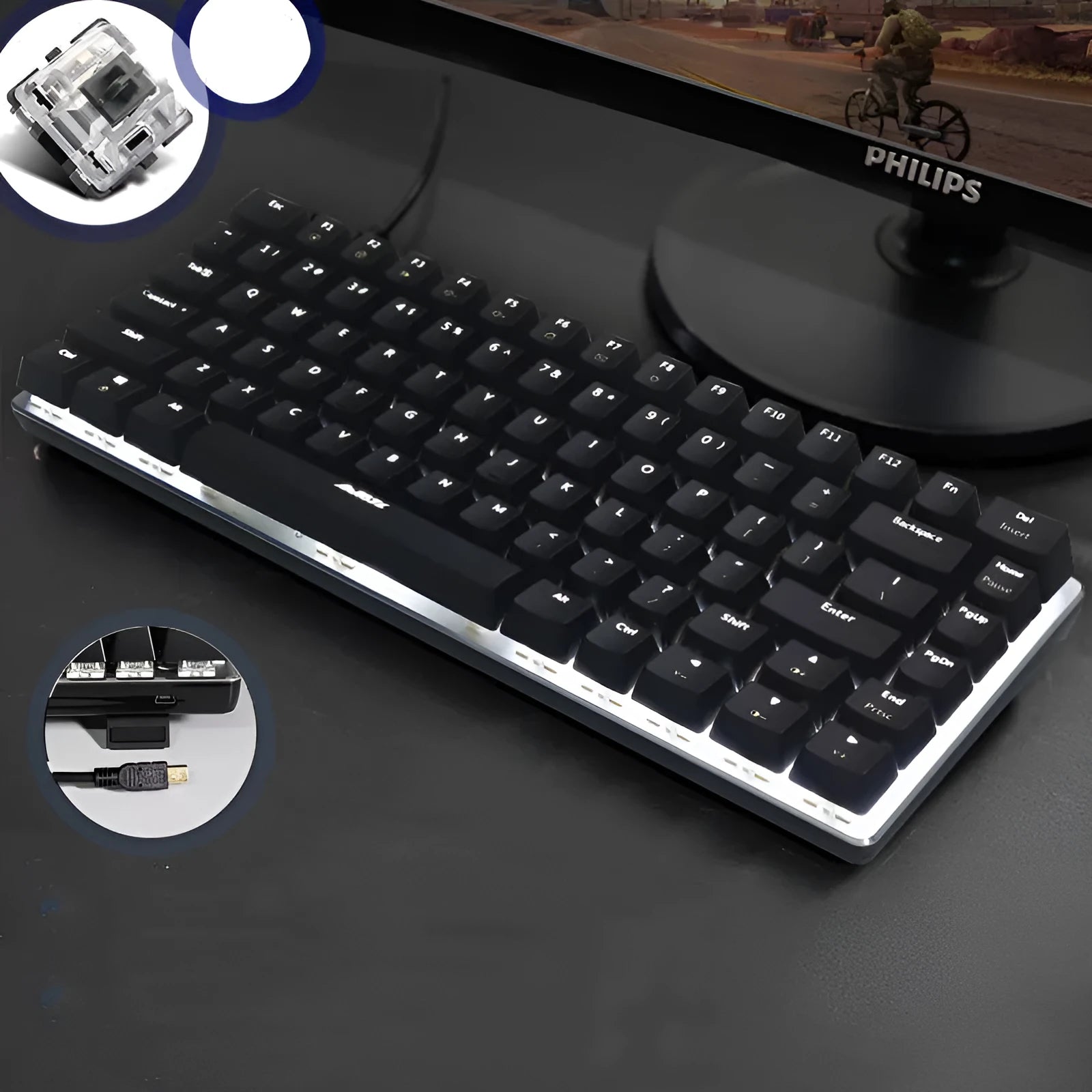 Heijue AK33 82-key mechanical keyboard black shaft white light version on desk with metal panel