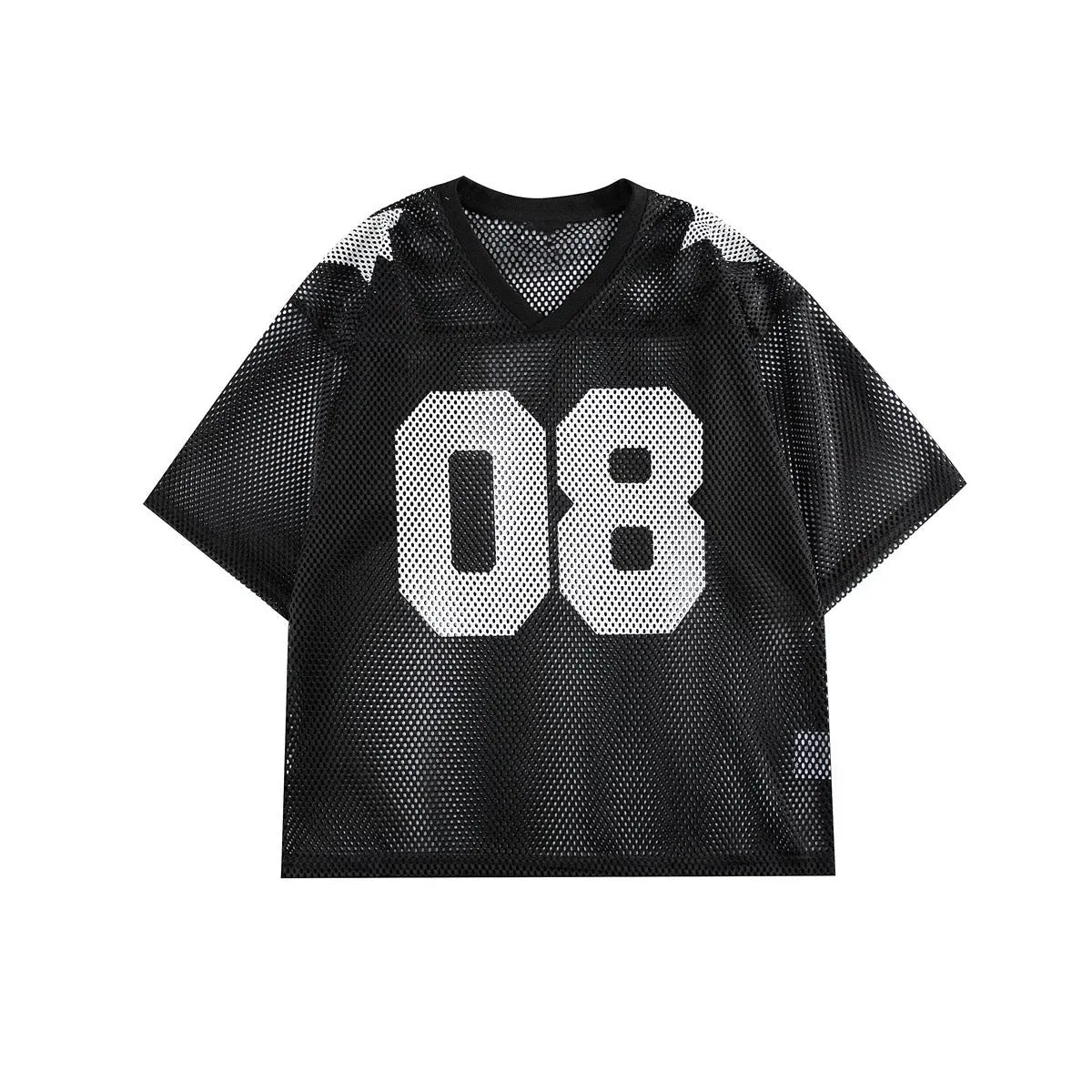 Loose fit black pullover shirt with white letters pattern print, short sleeves, on a hanger.