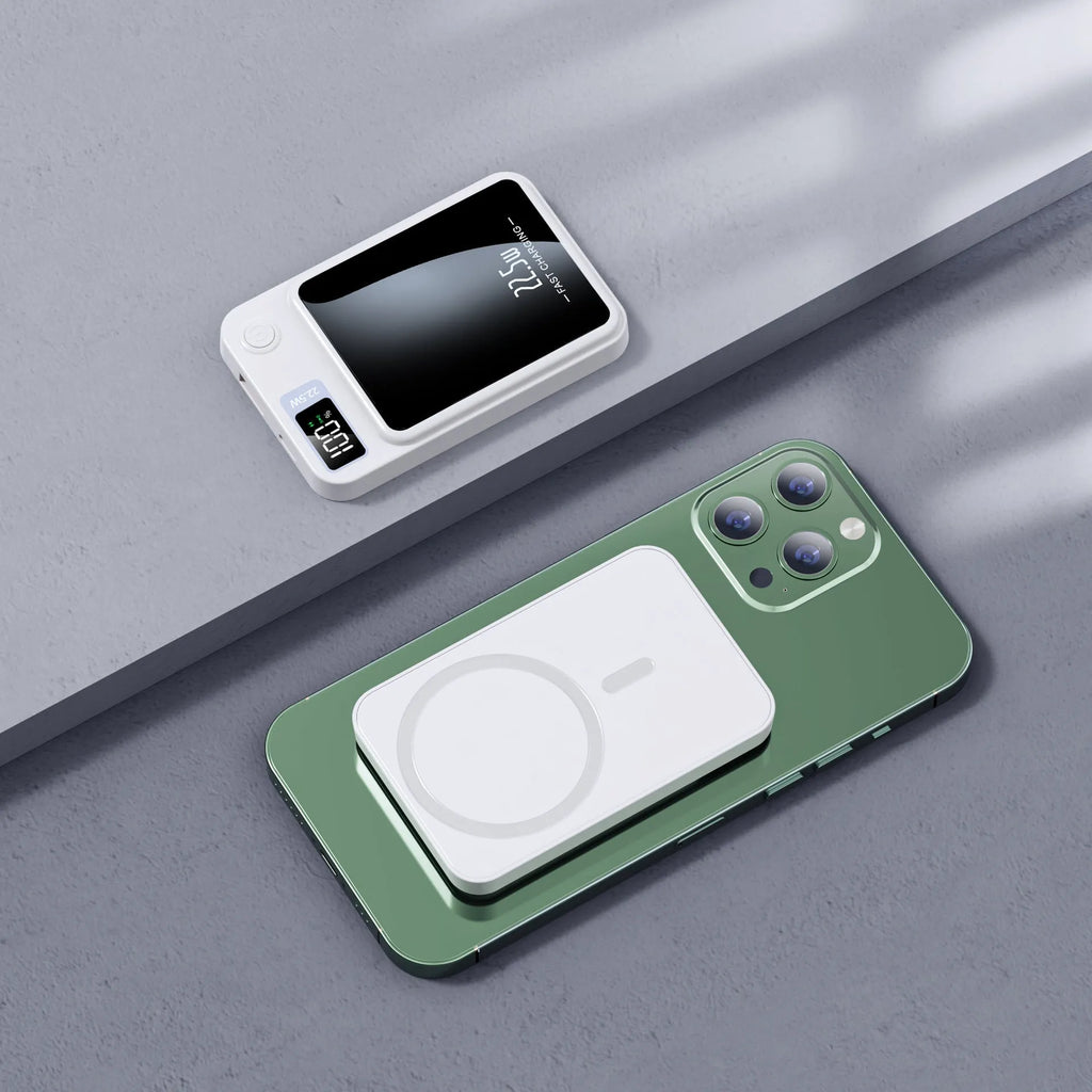 Wireless power bank with MagSafe in black, white, purple or green colours showing industrial design