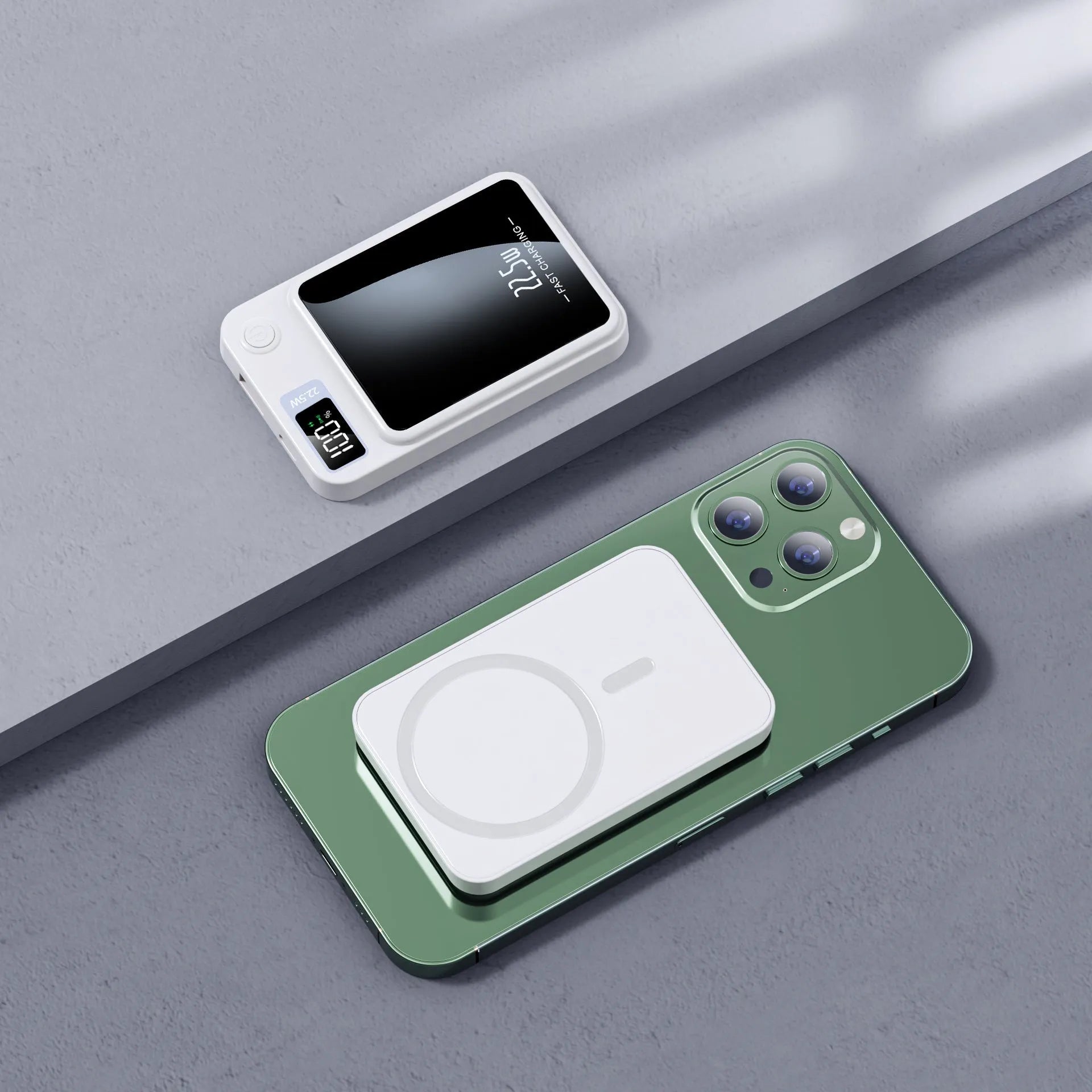 Wireless power bank with MagSafe in black, white, purple or green colours showing industrial design