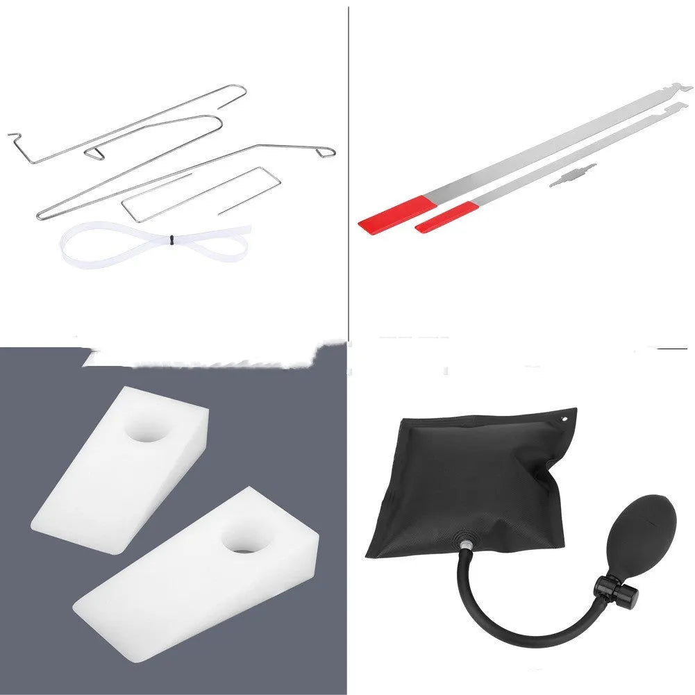 Nine-piece automotive maintenance tool set showing air pump wedge, plastic wedges, metal crowbars and hooks for car door access