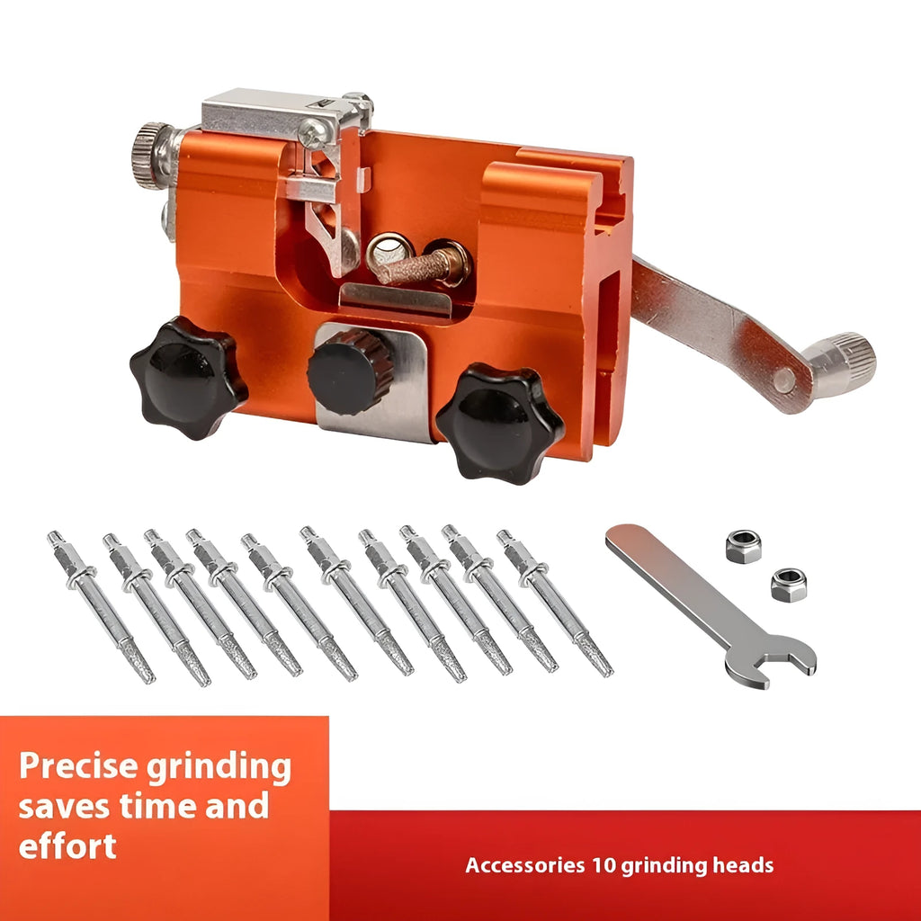 Hand-cranked chain sharpener with silicon carbide grinding head, handle diameter 6, for manual chainsaw chain sharpening