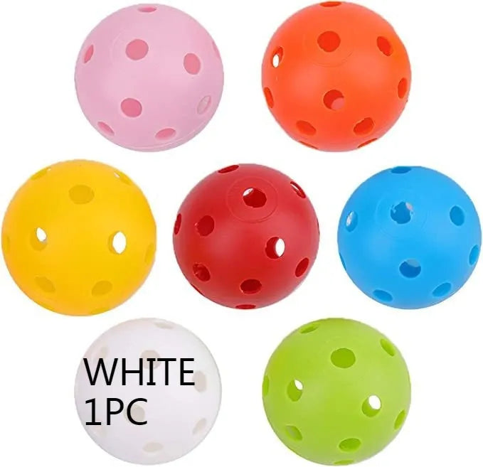 Multi-colour 42mm polyethylene golf practice balls in a net bag.