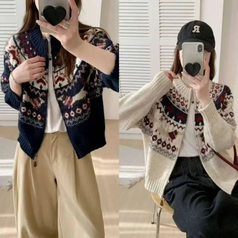 Ethnic patterned heavy industry jacquard pullover sweater in apricot colour, showing 3D texture and loose fit.