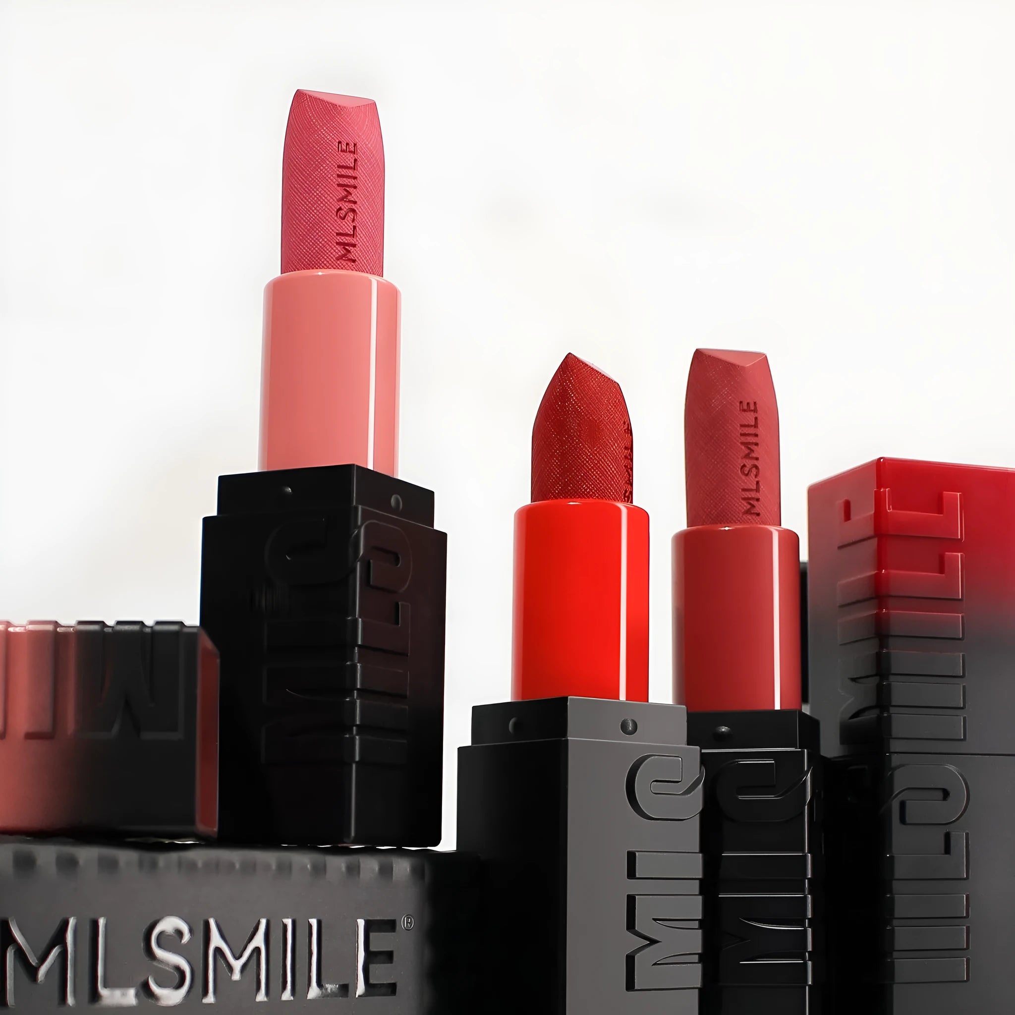 MLSMILE embossed lipstick trio set showing three lipsticks in a compact 7.7cm x 6.8cm case.