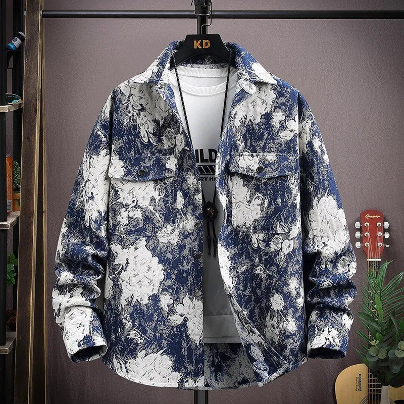 Personality brand casual lapel long sleeve shirt coat in a straight hem design, shown in a blue colour option.