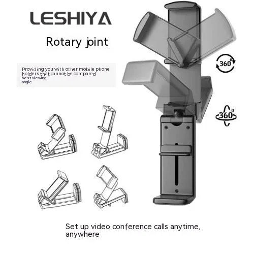 Black foldable and rotating universal mobile phone holder on a table.
