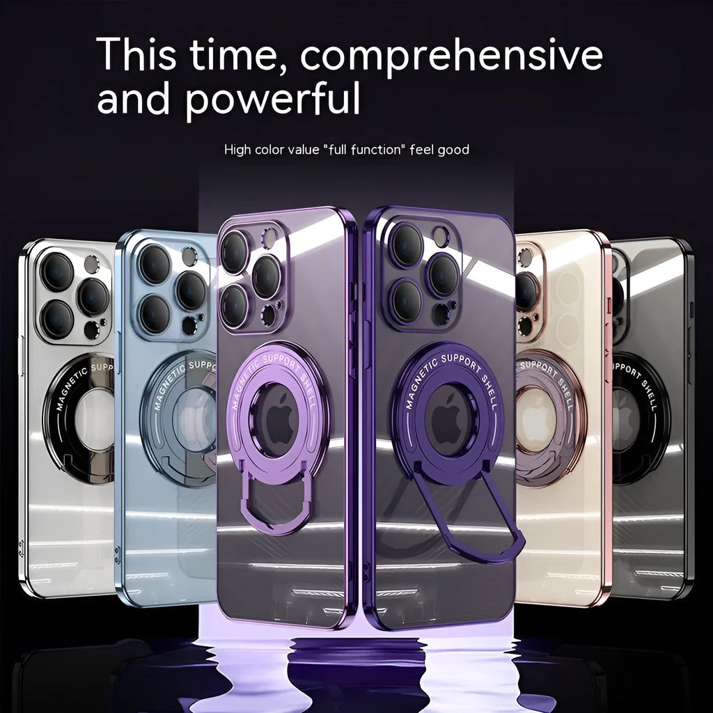 Electroplated magnetic iPhone case with extended pull rod bracket in dark purple colour