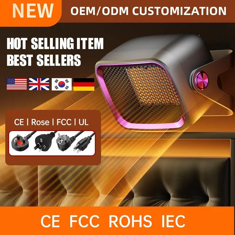 A compact grey desktop ceramic electric heater with a rotatable base on a wooden desk.