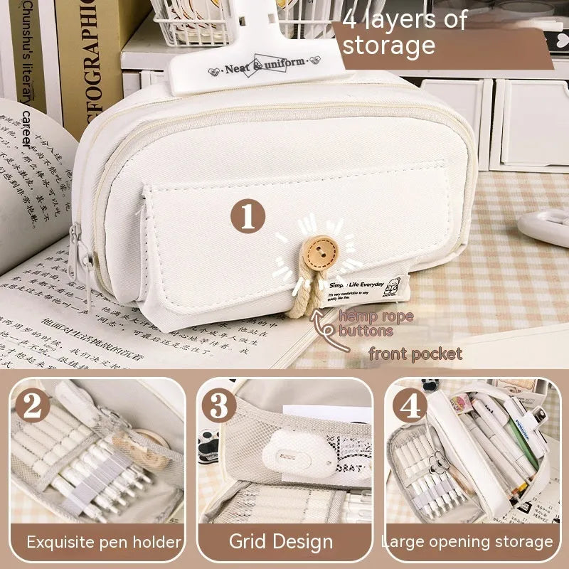 Green Korean style canvas pencil case open showing pen storage capacity