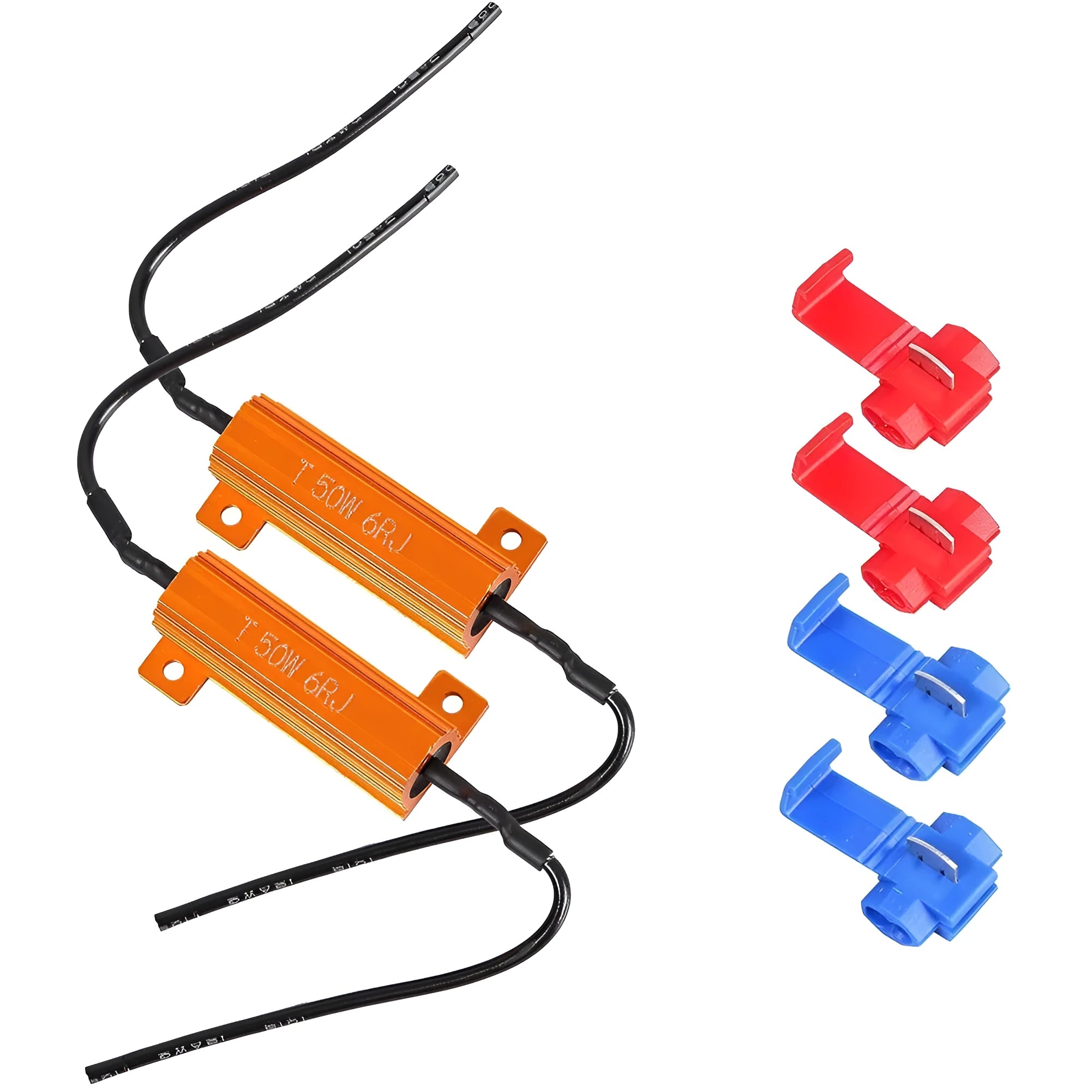 Two gold-coloured aluminium case LED load resistors with four connection clips for car installation