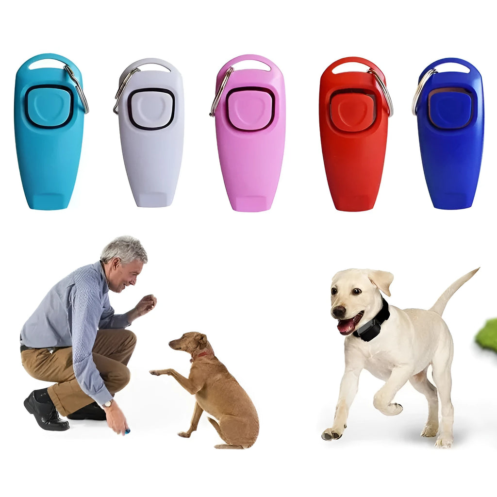 Colourful plastic dog training clicker with whistle and key ring on a white background.