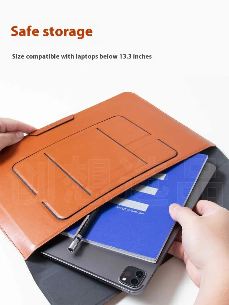 Brown 13.3 inch laptop bracket bag shown open with integrated stand deployed.