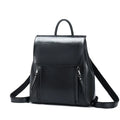Black genuine cowhide leather women's backpack with double straps and a flap cover, showing internal zipper and phone pockets.