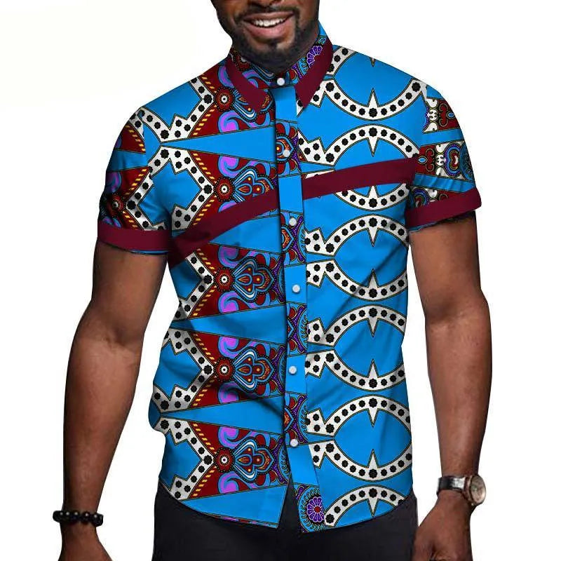 African men cotton colourblock short sleeve top with lapel collar in available colours