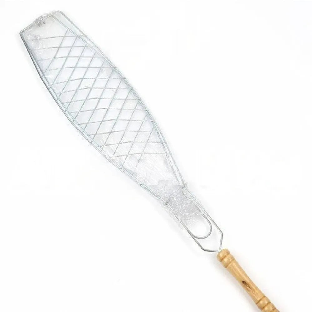 Small single fish grilling net with electroplated metal mesh and wooden handle, barbecue tool set, styles CJ001-CJ006.