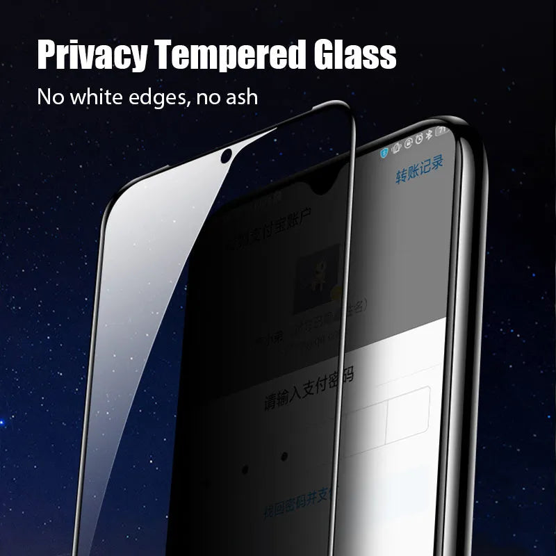 Anti-spy privacy screen protector film for Xiaomi Redmi and Poco mobile phones on a table.