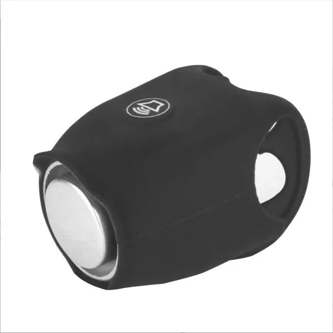 Plastic electronic bicycle horn in six colour choices showing compact size for handlebar mounting.