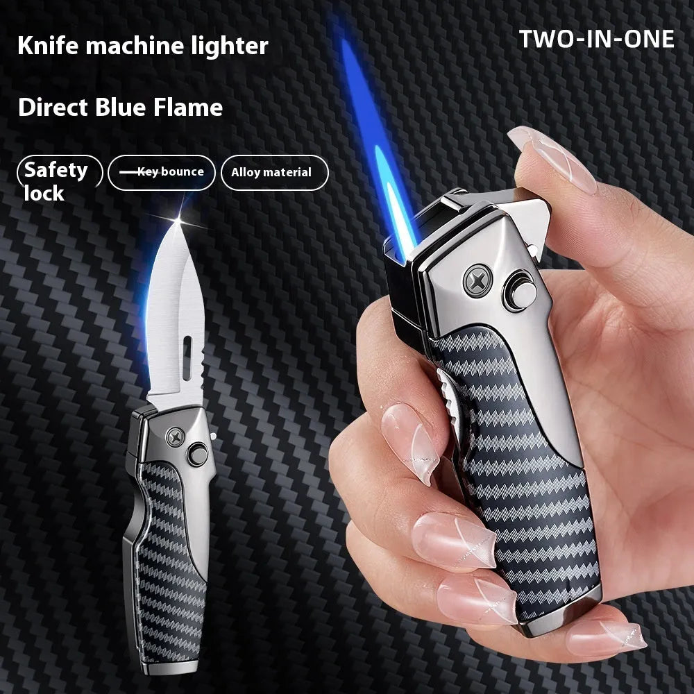 Zinc alloy metal folding lighter with integrated knife in camouflage finish